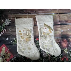 2 Vintage Cream Gold Santa Christmas Stockings Holiday Decor 18"